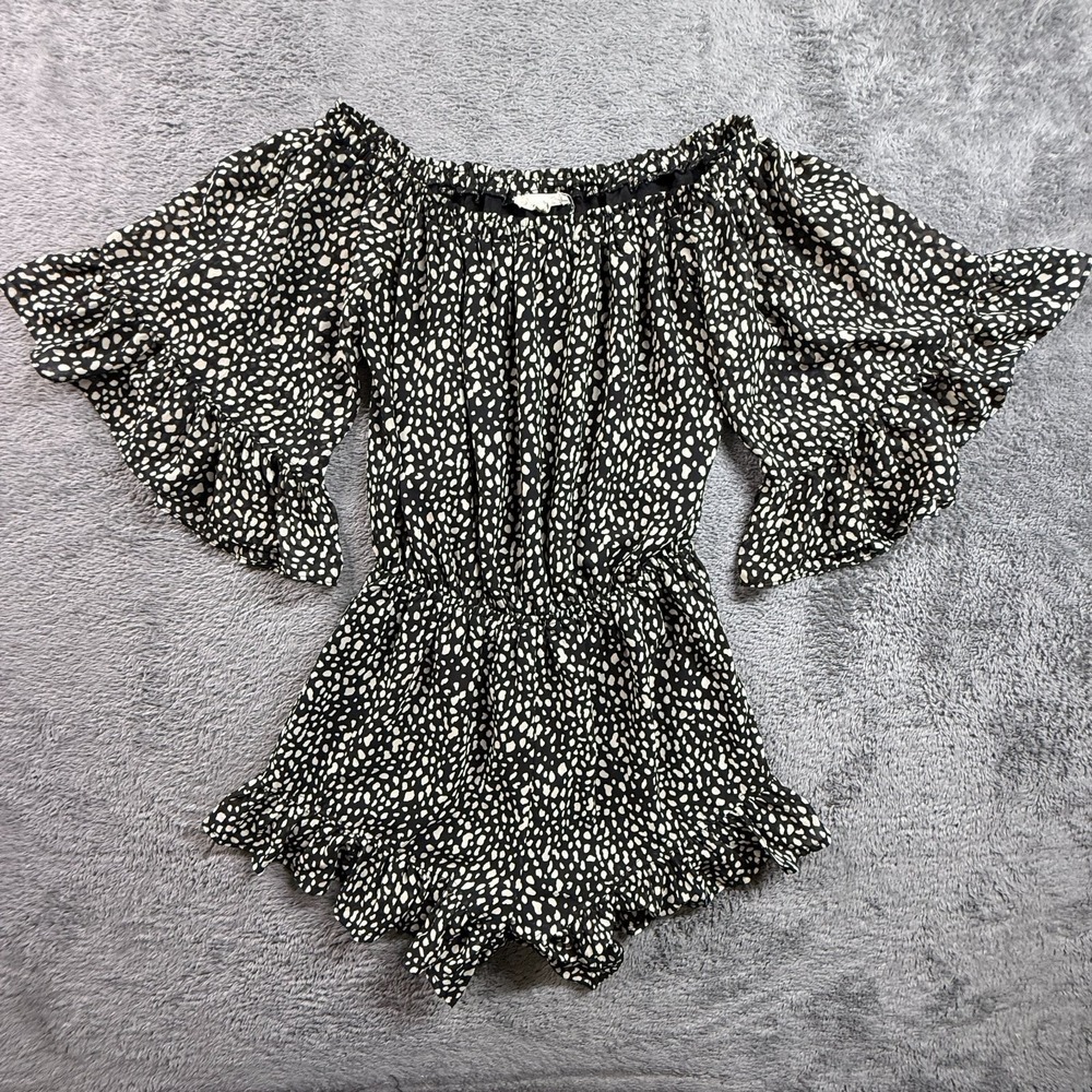 eesome Womens S Black White Polka Dot Off Shoulder Romper Ruffle Flare Sleeve